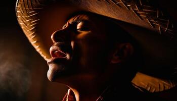 Smiling young adult cowboy hat fashion model exudes elegance outdoors generated by AI photo