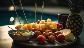 Fresh fruit skewers on wooden tray for healthy summer snack generated by AI photo