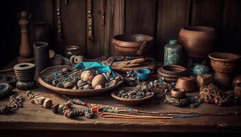 Indigenous cultures' ancient clay jars adorn rustic tabletops as decoration generated by AI photo