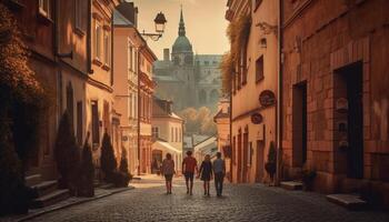 caminando mediante antiguo ciudad, iluminado por linternas, admirativo gótico arquitectura generado por ai foto