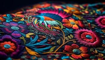 vibrante colores y florido bordado adornar esta hecho en casa labor de retazos tapiz generado por ai foto