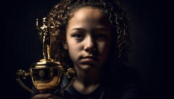 Portrait of a successful Caucasian child holding a gold trophy generated by AI photo