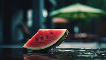 Juicy watermelon slice on wooden table, perfect summer refreshment generated by AI photo