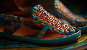 Multi colored leather sandals with intricate embroidery, perfect souvenir from indigenous cultures generated by AI photo