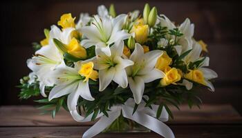 Fresh bouquet of multi colored flowers brings beauty to rustic table generated by AI photo