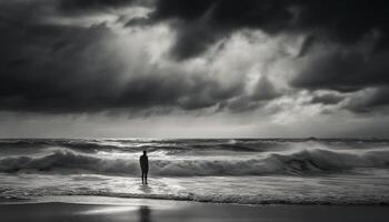 One person silhouette, back lit by sunset over moody sky generated by AI photo