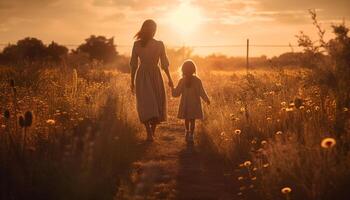 Mother and daughter embrace in nature beauty at sunset meadow generated by AI photo