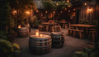 rústico lagar celebra naturaleza con iluminado mesa y vino barril generado por ai foto