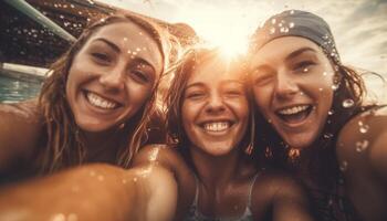 Young adults enjoying summer vacations, capturing carefree moments with selfies generated by AI photo