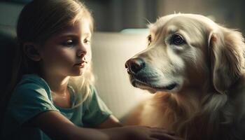 Cute Caucasian girl playing with small retriever puppy indoors, smiling generated by AI photo