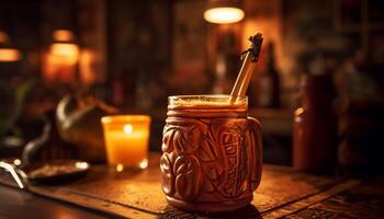 Rustic candlelit table with whiskey bottle and drinking glass generated by AI photo