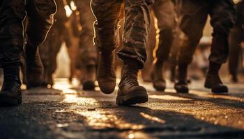 Ejército hombres de marcha en militar uniforme mediante ciudad calles al aire libre generado por ai foto