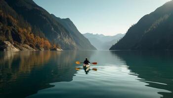 soledad en naturaleza kayak, senderismo, y relajación en Alberta montañas generado por ai foto