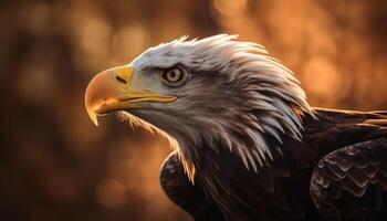 Majestic bald eagle perching on branch, looking at camera generated by AI photo