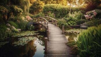 Tranquil scene of a pond in a public park surrounded by greenery generated by AI photo