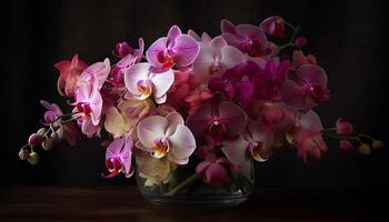 Fresh bouquet of multi colored orchids in ornate vase for decoration generated by AI photo