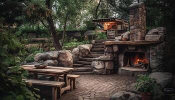 Rustic cottage barbecue burning firewood, cooking meal on stone grill generated by AI photo