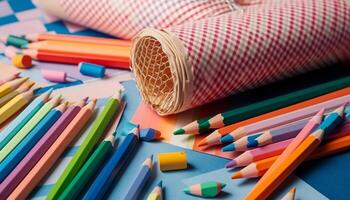 A colorful arrangement of school supplies on a wooden table generated by AI photo