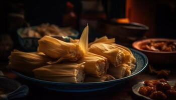 Steamed Chinese dumplings, a gourmet appetizer with fresh meat and vegetables generated by AI photo