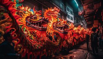 Vibrant dragon dance illuminates traditional Chinese festival celebration at night generated by AI photo