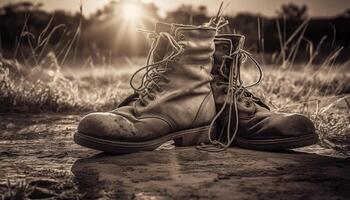 Old leather hiking boots, dirty from outdoor adventures in nature generated by AI photo