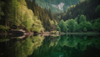 Tranquil scene of a mountain pond reflecting the coniferous trees generated by AI photo