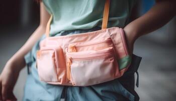 Young woman carrying backpack and walking in nature for adventure generated by AI photo