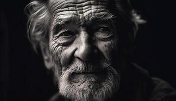 sonriente mayor hombre con gris barba, arrugas, y sabiduría generado por ai foto
