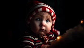 Cute baby boy smiling outdoors in winter night, looking at camera generated by AI photo