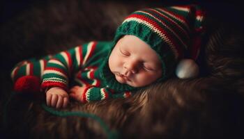 Cute newborn boy sleeping peacefully wrapped in warm blanket indoors generated by AI photo