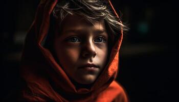 Cute Caucasian boy in hooded shirt looking sad indoors alone generated by AI photo