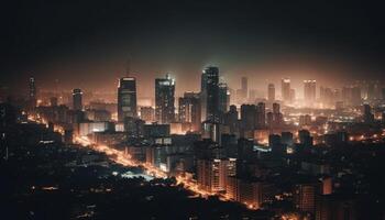 Glowing cityscape at dusk skyscrapers, urban skyline, illuminated architecture generated by AI photo