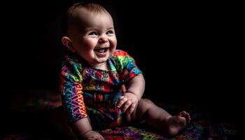 Smiling baby boy sitting, looking at camera, on black background generated by AI photo