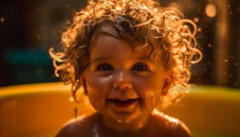 sonriente caucásico niñito disfrutando verano, salpicaduras en bañera agua generado por ai foto