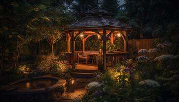 Tranquil dusk illuminates rustic cottage porch in tranquil rural scene generated by AI photo