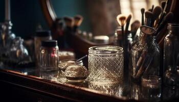 Luxury whiskey collection on bar table, glass reflection, elegant decoration generated by AI photo