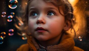 Cute Caucasian toddler enjoys autumn outdoors, smiling and playful generated by AI photo