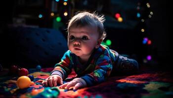 Cute baby boy playing with multi colored toy ball indoors generated by AI photo