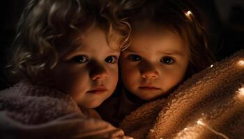 Two cute Caucasian siblings embracing, smiling, playing indoors joyfully generated by AI photo