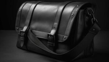 Black leather backpack with buckle and zipper for stylish travel generated by AI photo