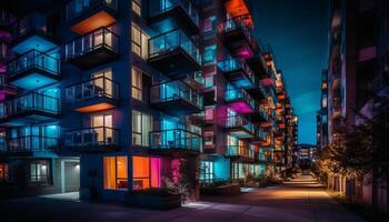 Vibrant city skyline illuminated by multi colored skyscraper lights at dusk generated by AI photo