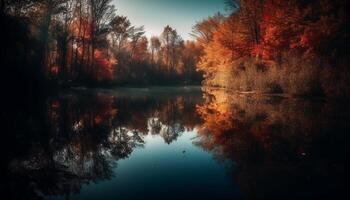 Tranquil autumn forest reflects vibrant colors in the pond reflection generated by AI photo