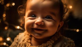 Cute smiling child brings happiness and joy to winter celebration generated by AI photo