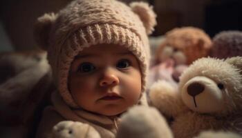 linda bebé niña sonriente con osito de peluche oso en calentar tejer sombrero generado por ai foto