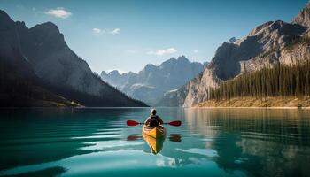 kayak aventuras en Alberta tranquilo morena lago, rodeado por belleza generado por ai foto