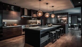Modern luxury kitchen design with elegant wood material and lighting generated by AI photo