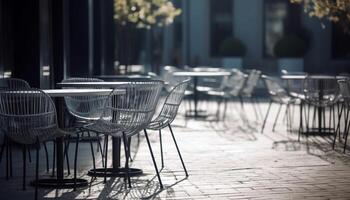 Modern outdoor dining table and chairs on a wooden patio generated by AI photo