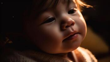 Smiling baby boy, full of innocence and happiness, outdoors at night generated by AI photo