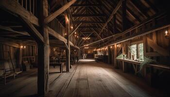 Modern rustic design illuminates abandoned workshop with spooky atmosphere generated by AI photo