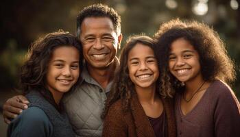 A happy, cheerful family bonding outdoors, looking at camera generated by AI photo